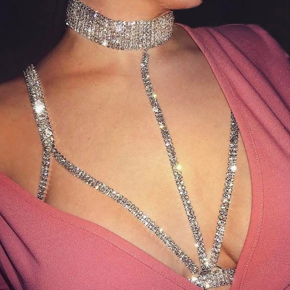 Rhinestone Chest Chain Crystal Bra Necklace Bikini Accessories Body Jewelry - Picture 2 of 5